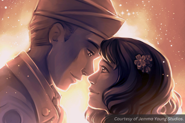 An artist's rendition of an American soldier and a Japanese woman looking deeply and lovingly into each other's eyes. Courtesy of Jemma Young Studios.