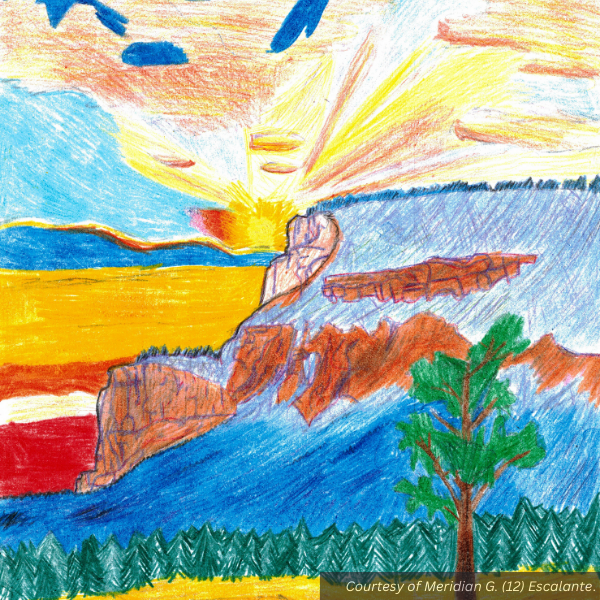 A marker and crayon drawing of the sun going down behind Powell Point, Garfield County. Courtesy of Meridian G. (12) Escalante.