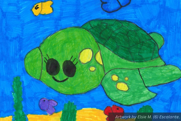 A kid's marker drawing of a detailed turtle swimming with little fish. Artwork by Elsie M. (6) Escalante.